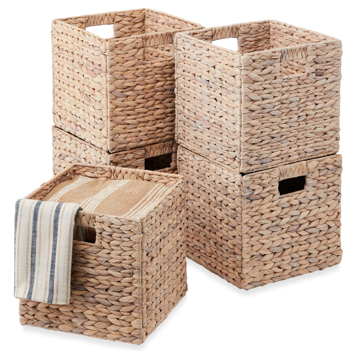 Best Choice Products 10.5x10.5in Pack of 5 Cube Storage Baskets, Water Hyacinth Multipurpose Collapsible Organizers, Handwoven Laundry Totes for Laundry, Living Room, Kids Room & Nursery - White