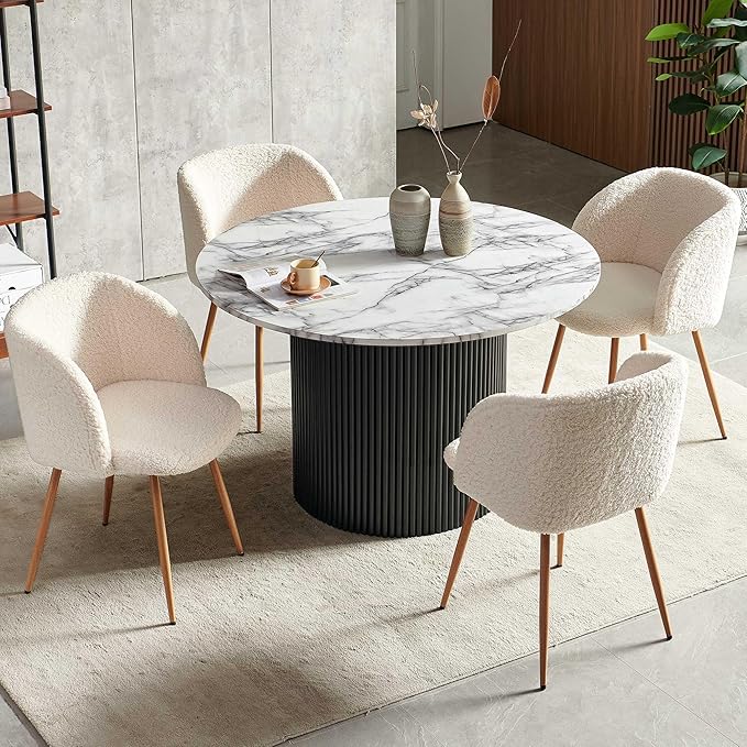 NORDICANA 5-Piece Wooden Round Dining Room Table and Chair Set, 47-Inch Kitchen Table with Barrel Chairs for 4, Off White Upholstered Sherpa Dining Set, MDF Core with White Marble Effect Finish