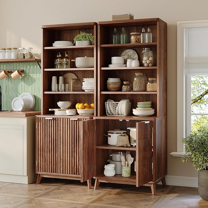 6-Tier Bookshelf, Modern Bookcase with Fluted Doors & Adjustable Shelves, Mid-Century Cabinet, Wooden Book Shelf for Home Office, Living Room, Kitchen, Walnut