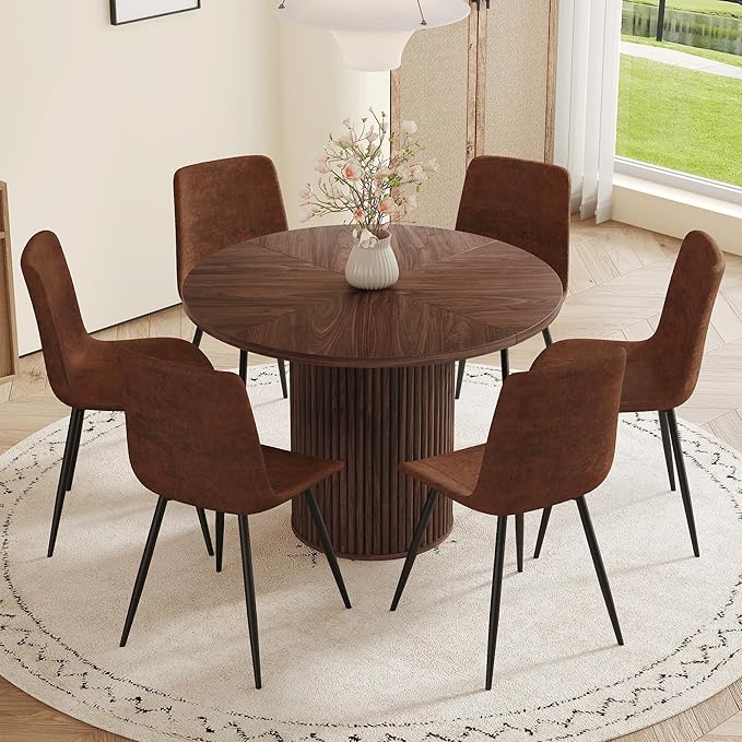 AZmac Round Dining Table Set for 6, Wooden Round Table 7-Piece with Modern Farmhouse Dining Table and 6 Suede Leather Chairs for Kitchen Dining Room, Walnut Table + 6 Saddle Brown Chairs