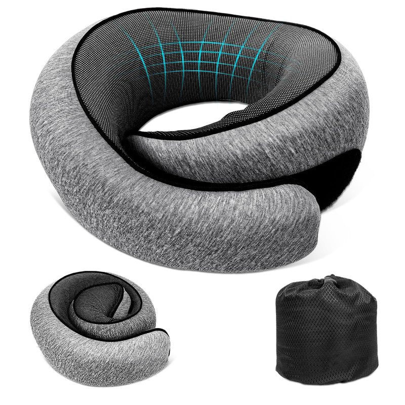 GongPath Travel Neck Pillow for Airplane, Memory Foam Neck Pillow with 360° Support, Adjustable Velcro, Breathable Washable Cover, Compact for Long Flights, Car, Train, Office, Light Grey(Dark Grey)