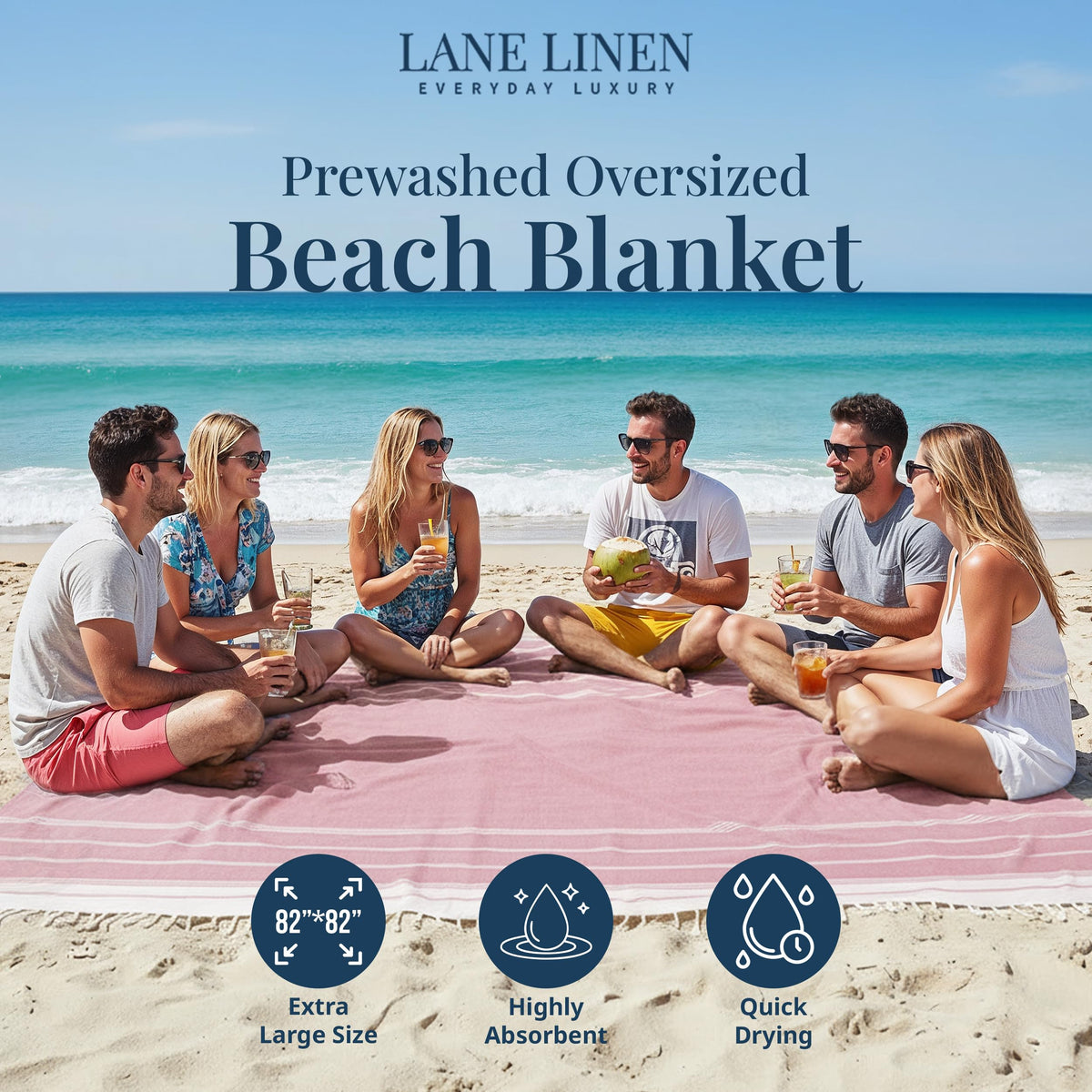 LANE LINEN Beach Vacation Essentials Blanket- Large Beach Blanket Sandproof with Quick Dry Comfort 82"x82", Perfect for Family Vacations, Park Outings, or Social Games – Candy Pink