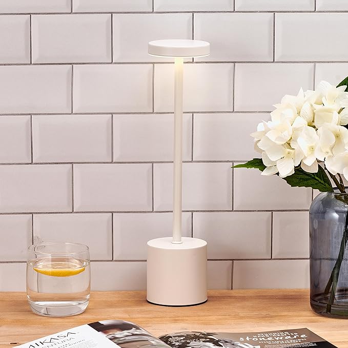Mikasa LED Cordless Metal Table Lamp, Portable Rechargeable 5,000 mAh, 3 Color Stepless Dimming, White, 3.15x3.15x13.5 Inch
