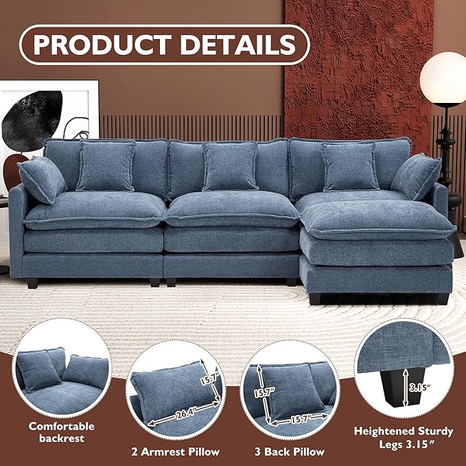 Ihanherry L Shaped Cloud Sofa 111.4" Modern Modular Sectional Couch with Ottoman, 4-Seat Chenille Deep Seat Sofa with Pillows for Living Room, Blue