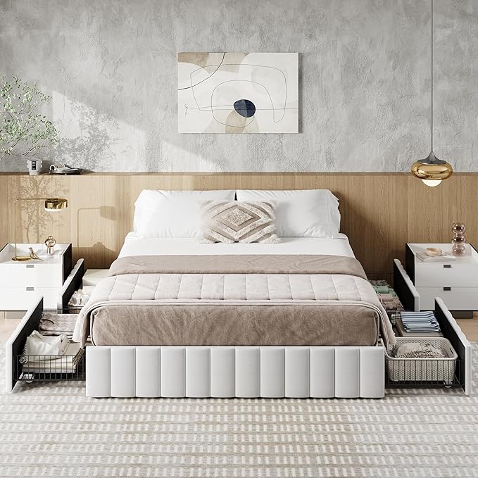 Allewie Queen Size Platform Bed Frame with 4 Large Storage Drawers, Velvet Vertical Channel Tufted Upholstered Bed Base, Wooden Slats Support, Noise-Free, No Box Spring Needed, Easy Assembly, White