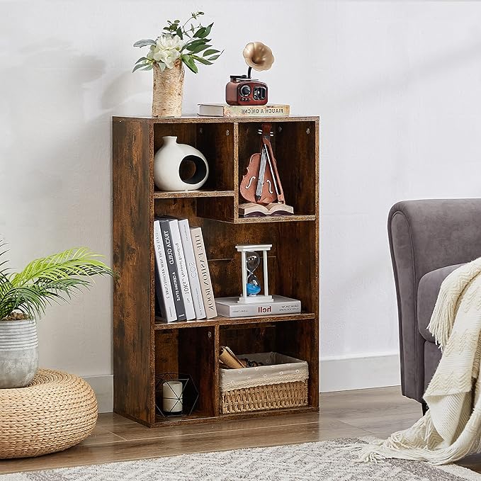 VECELO Modern Bookshelf, 5 Cube Shelf, Fits Tallest Hardcovers, Horizontal Available, Storage Organzier for Home Office,Brown