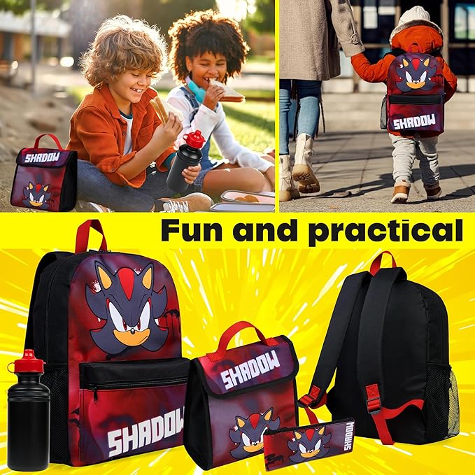 Sonic The Hedgehog Backpack Set 4 Pcs with Insulated Lunch Bag Water Bottle Pencil Case Shadow School Supplies Gift for Kids (Shadow 4 Pcs Set)