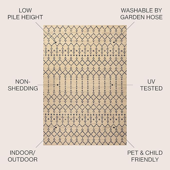 JONATHAN Y SMB108H-8SQ Ourika Moroccan Geometric Textured Weave Beige/Navy 8' Square Indoor/Outdoor Area Rug, Pet Friendly, Non-Shedding, Stain Resistant, Easy-Cleaning for Backyard, Patio, Porch