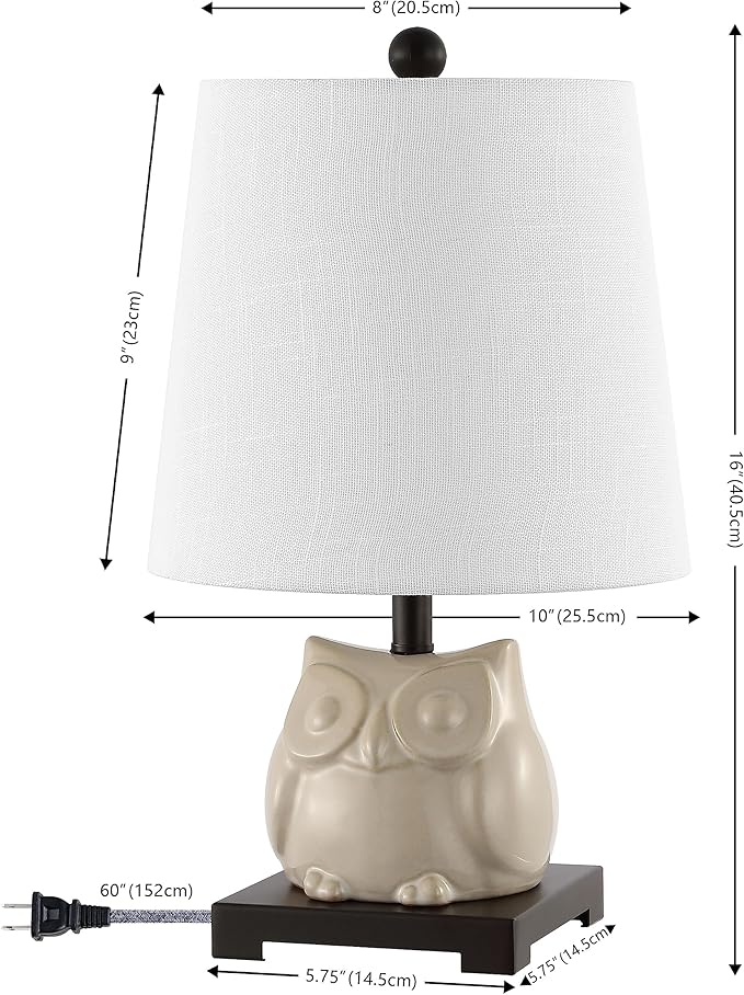JONATHAN Y 16" Antique White Ceramic Owl Mini Table Lamp for Bedroom or Office, Modern Farmhouse Nightstand Lamp with White Linen Shade, LED Bulb Included (JYL3014B)