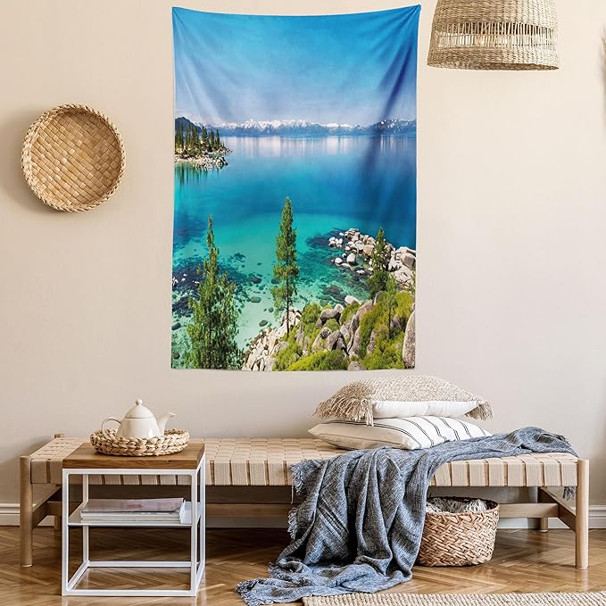Ambesonne Blue Tapestry, Tranquil View of Lake Tahoe Sierra Pines on Rocks with Turquoise Waters Shoreline, Fabric Wall Hanging Decor for Bedroom Living Room Dorm, 23" X 28", Blue Grey Green