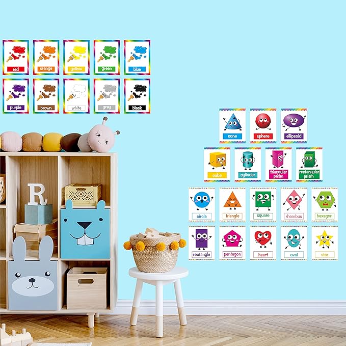 64 PCS Educational Cards, Laminated Water/Tear Proof Preschool Learning Posters Include Alphabet Numbers Colors & 2D/3D Shapes, Kindergarten Preschool Early Education Cards Home Classroom Decorations
