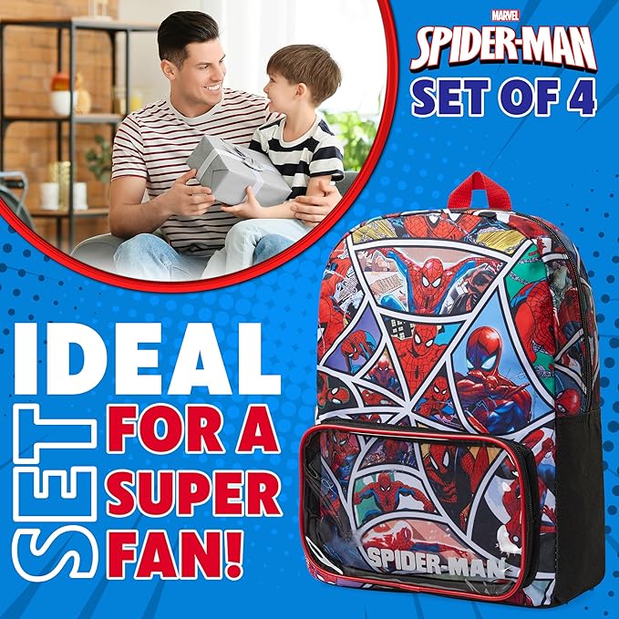 Marvel Spiderman Backpack Set 4 Pcs Water Bottle Pencil Case Lunch Bag or Wallet Key Ring School Supplies Gifts for Kids (Spiderman)