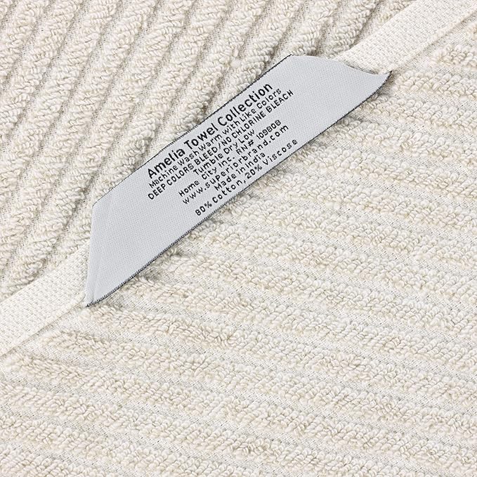 Superior Amelia Viscose Cotton Blend Medium Weight Small Towels, for Kitchen, Bathroom, Shower, Spa, Plush, Quick Dry, Ultra-Soft Essentials, Ribbed Design, Face Towels Washcloths, Set of 12, Beige
