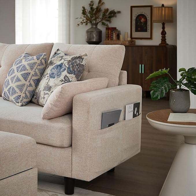 101" Convertible Sectional Sofa, Modern Linen Fabric U-Shaped Couch with 2 Storage Ottomans and Storage Pocket, 4 Seat Sofa Couches for Living Room, Apartment, Office, Beige