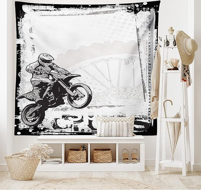 Ambesonne Motorcycle Tapestry, Motocross Racer Image Grungy Background Poster Style Monochromic Art Print, Fabric Wall Hanging Decor for Bedroom Living Room Dorm, 45" X 30", Black White