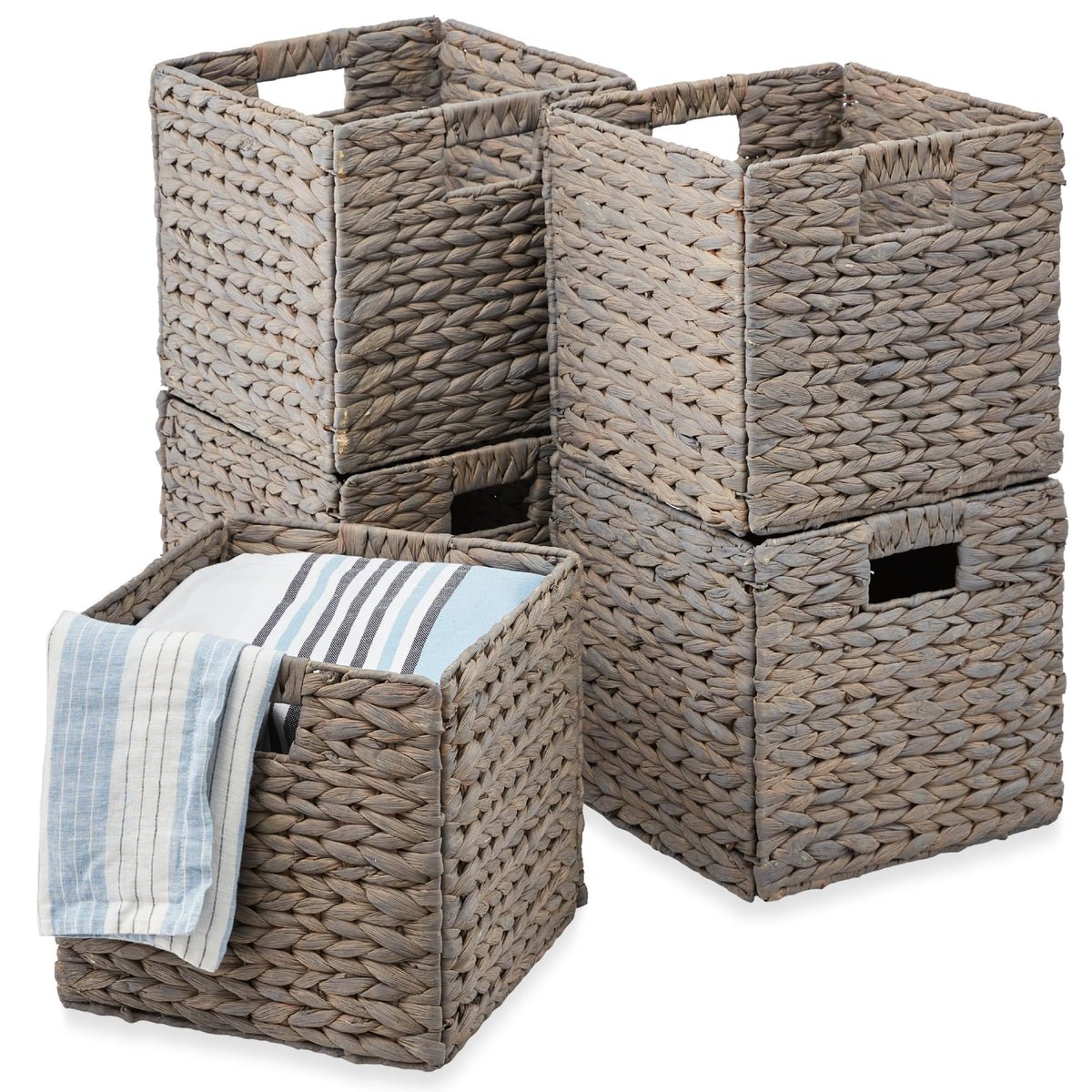 Best Choice Products 10.5x10.5in Pack of 5 Cube Storage Baskets, Water Hyacinth Multipurpose Collapsible Organizers, Handwoven Laundry Totes for Laundry, Living Room, Kids Room & Nursery - White