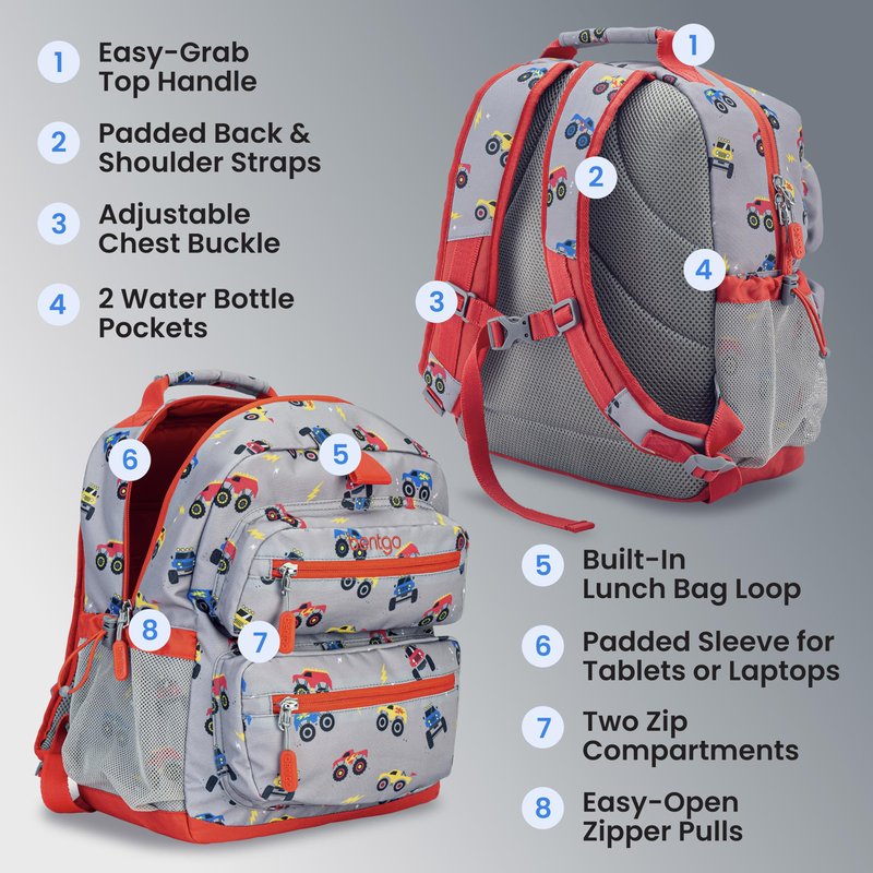 Bentgo Kids Backpack - Lightweight 14” Backpack in Fun Prints for School, Travel, & Daycare, Ideal for Ages 4+, Roomy Interior, Durable & Water-Resistant Fabric, & Loop for Lunch Bag (Trucks)