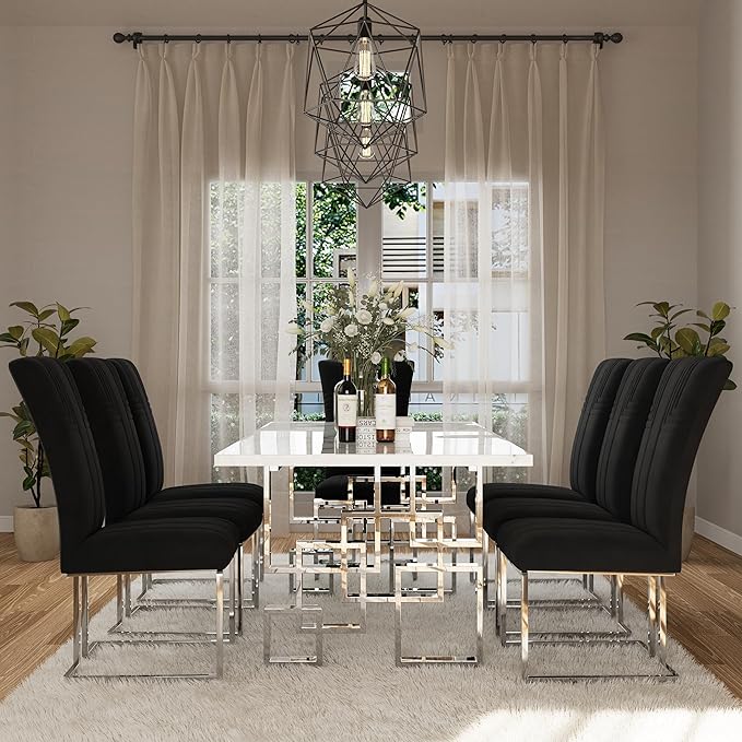 AUZ Dining Chairs Set of 6, Black and Silver Dining Chair with Velvet Upholstery and Mirrored Silver Sled Legs