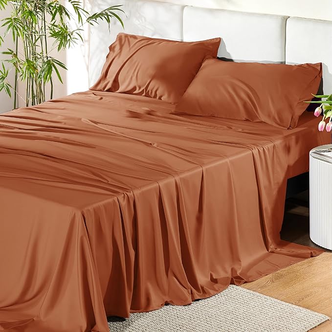 Bedsure Queen Sheet Set, Rayon Derived from Bamboo, Cooling Sheets, Breathable & Soft, Deep Pocket Up to 16 Inches, Hotel Luxury Silky Bedding for Hot Sleepers, Burnt Orange