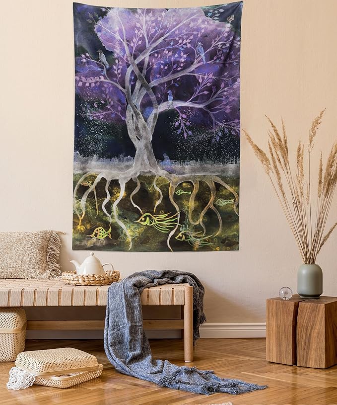 Ambesonne Tree of Life Tapestry Twin Size, Psychedelic Mysterious Nature at Night Birds and Fishes Home Art, Wall Hanging Bedspread Bed Cover Wall Decor, 68" X 88", Purple Black