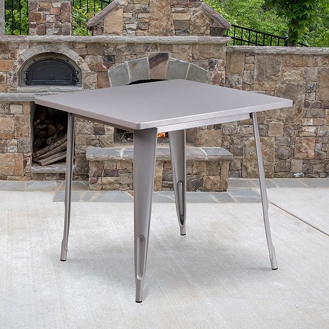 EMMA + OLIVER Commercial Grade 31.5" Square Silver Metal Indoor-Outdoor Table