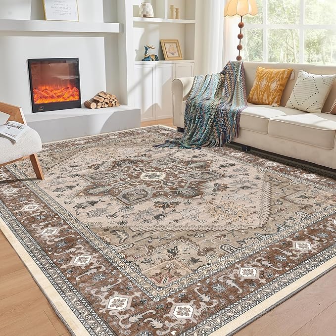 OPPODREAM Thin 8x10 Area Rugs, Washable Rugs 8x10 with Non Slip Backing, Faux Cashmere Low-Pile 8 x 10 Carpet, Brown