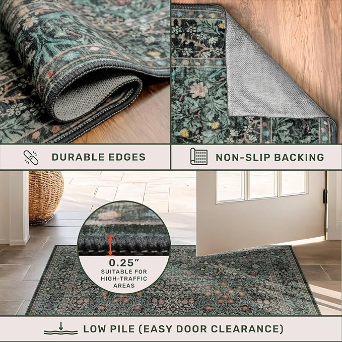 Washable Dark Green Rug for Living Room - 8x12 Large Area Rug for Dining Room Under Table, Bedroom, Soft Low Pile Non-Slip Stain Resistant Carpet - Vintage Floral Décor