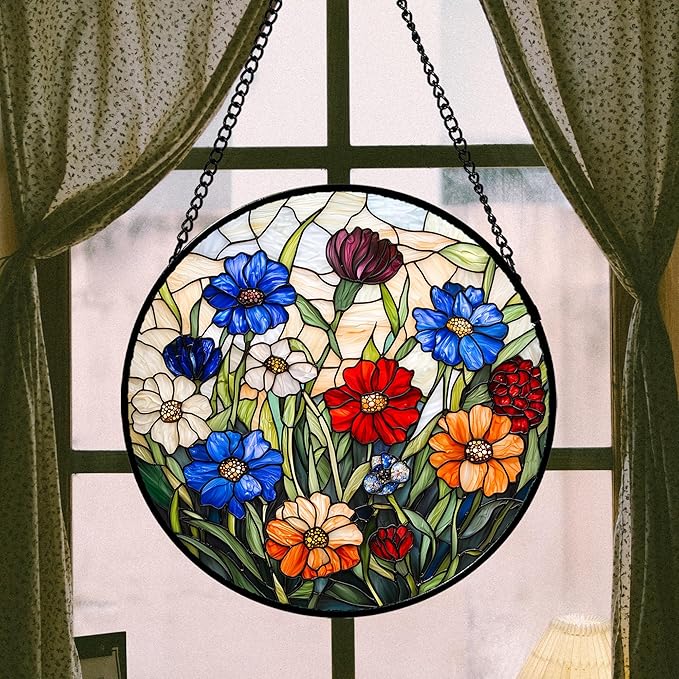Stained Glass Suncatcher, Colorful Flowers Green Leaf Sun Catcher Landscape Stain Glass Window Hanging Decoration Mother's Day Birthday Gifts for Women Men Mom Nana 6.3 in
