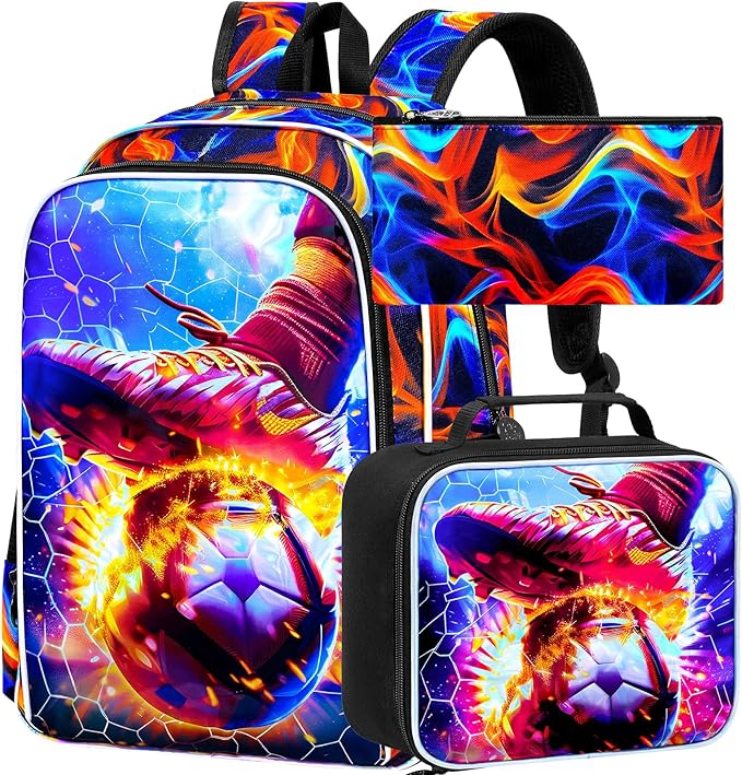 KLFVB 3PCS Boys Bookbag, 17" Kids Football Backpack and Lunch Box, Water Resistant Teenagers School Backpacks for Middle Elementary - Strike Fire Soccer