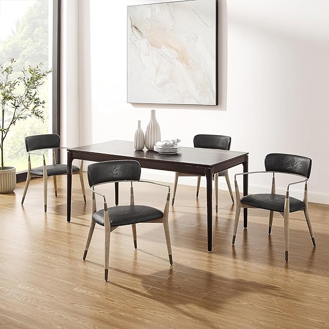 Art Leon Dining Chairs Set of 4 - Mid Century Modern Dining Room Chairs, Faux Leather Upholstered Accent Arm Chair with Open Backrest, Wishbone Chair with Wood Legs, Black, CC084