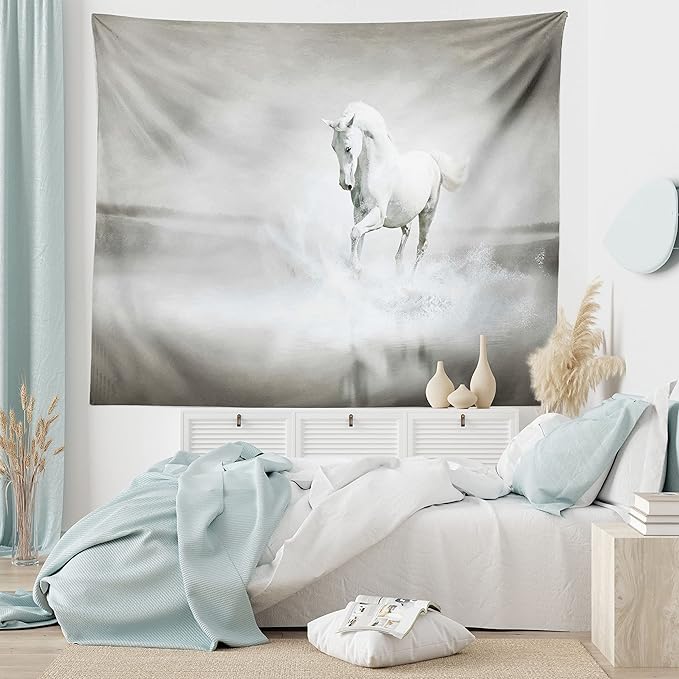 Ambesonne Horses Tapestry King Size, Wild Horse Running Through Water Dramatic for the Motivation of Life Art, Wall Hanging Bedspread Bed Cover Wall Decor, 104" X 88", Black and White