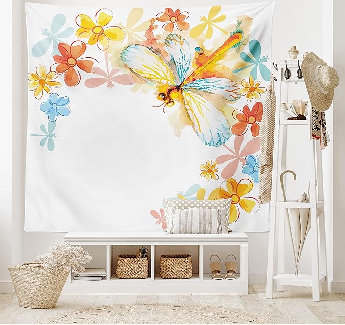 Ambesonne Dragonfly Tapestry Queen Size, Abstract Grunge Vintage Design Moth Spring Flowers Floral Frame Art Print, Wall Hanging Bedspread Bed Cover Wall Decor, 88" X 88", Yellow Orange