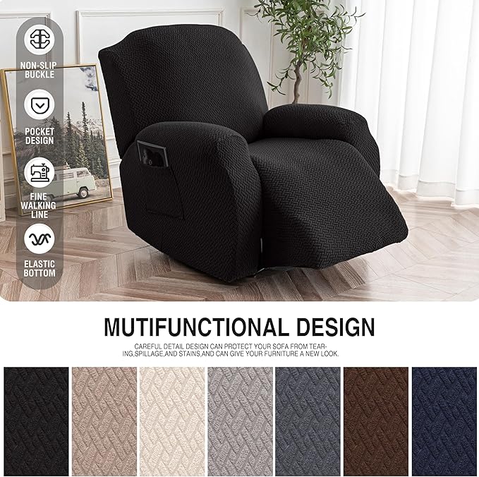 Genina Recliner Chair Cover, Stretch Reclining Chair Covers, Recliner Sofa Slipcovers Stripe Jacquard Lazy Couch Covers Furniture Protector Covers for Pet Kid (Black, 1 Seat)