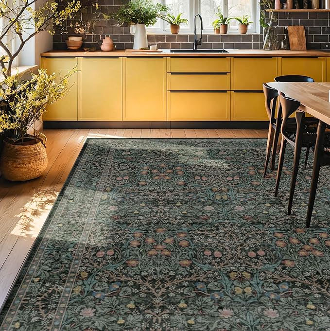 Vintage Dark Green Living Room Rug, 7x10 Washable Area Rugs for Dining Room Under Table, Bedroom, Oriental Low Pile Stain Resistant Non-Slip Thin Soft Carpet