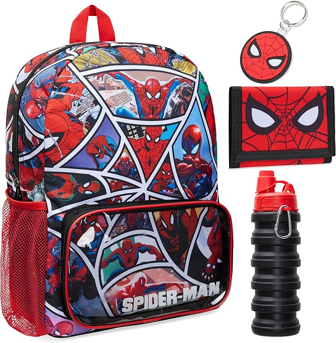 Marvel Spiderman Backpack Set 4 Pcs Water Bottle Pencil Case Lunch Bag or Wallet Key Ring School Supplies Gifts for Kids (Spiderman)