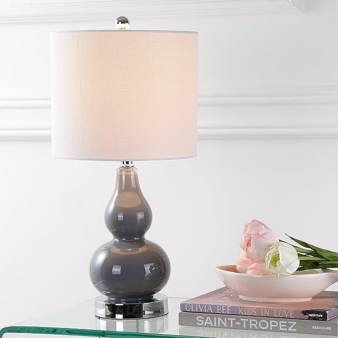 JONATHAN Y 20.5" Gray Glass Table Lamp, Modern Gourd Bedside Nightstand Lamp for Bedroom, Living Room, White Linen Shade, LED Bulb Included JYL1028A
