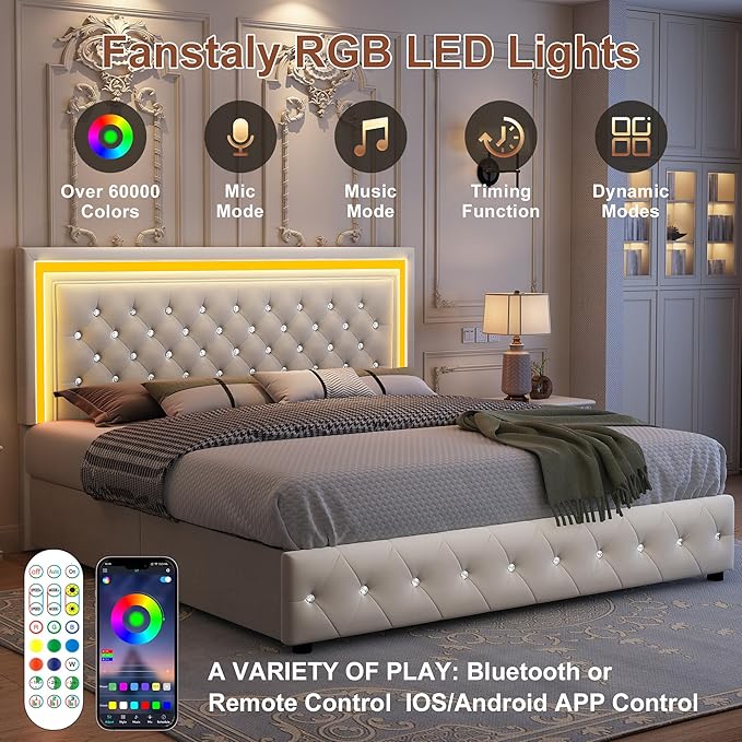 Full led Bed Frame, Bed with Storage Drawers, No Box Spring Needed, 900 lbs Capacity, Easy Assembly, Velvet Cream