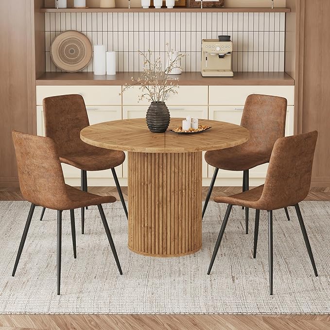 AZmac Round Dining Table Set for 4, Wooden Round Table 5-Piece with Modern Farmhouse Dining Table and 4 Suede Leather Chairs for Kitchen Dining Room, Wooden Table + 4 Saddle Brown Chairs