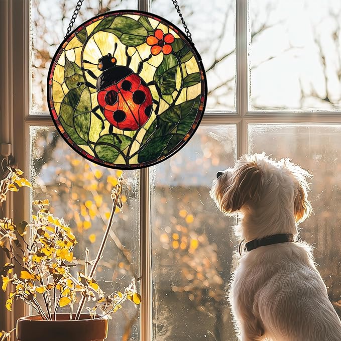 Stained Glass Window Hanging - Red Ladybug Green Plant Flower Sun Catcher for Door Home Decor Insect Suncatcher Christmas Mother's Day Birthday Gifts for Women Men Mom Nana 15 in