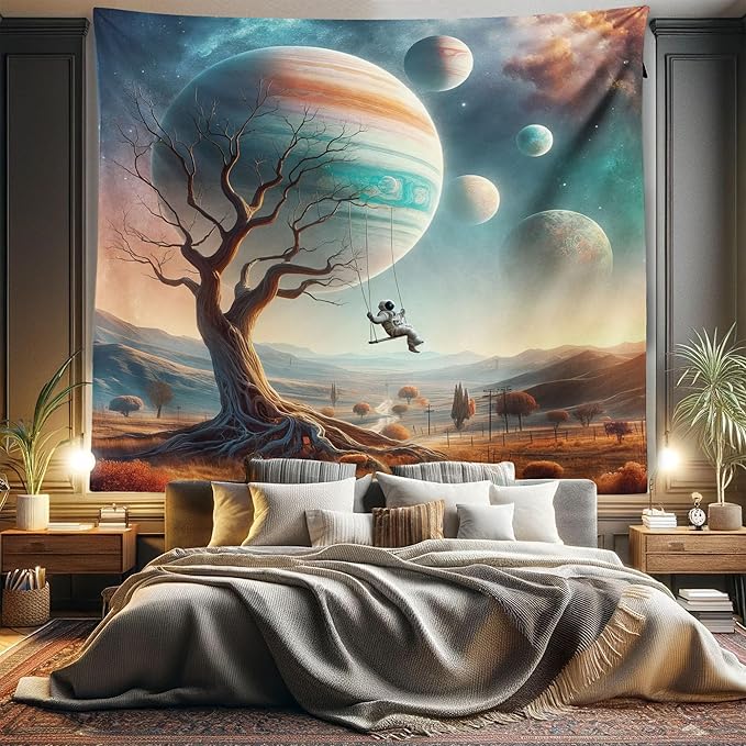 Ambesonne Space Tapestry King Size, Scene of a Lonely Astronaut on a Swing in an Unknown Galaxy Among Planets and Trees, Wall Hanging Bedspread Bed Cover Wall Decor, 104" X 88", Teal Ginger