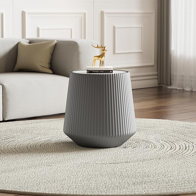 Grey Round Coffee Table with Sintered Stone Tabletop, 17.71" Drum Coffee Table with Fluted PU Leather Covered and Stable Base, Circle Cocktail Tea Table for Living Room