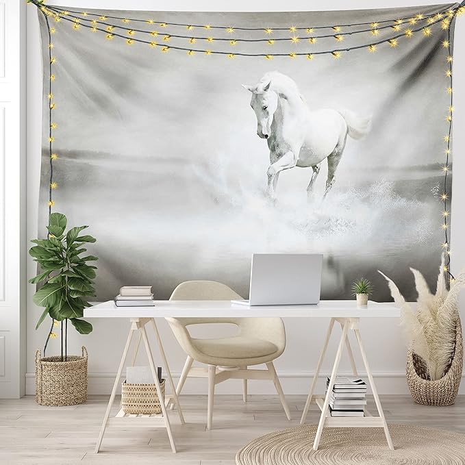 Ambesonne Horses Tapestry King Size, Wild Horse Running Through Water Dramatic for the Motivation of Life Art, Wall Hanging Bedspread Bed Cover Wall Decor, 104" X 88", Black and White
