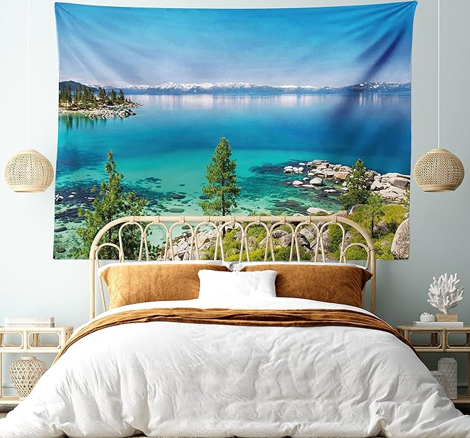 Ambesonne Blue Tapestry King Size, Tranquil View of Lake Tahoe Sierra Pines on Rocks with Turquoise Waters Shoreline, Wall Hanging Bedspread Bed Cover Wall Decor, 104" X 88", Blue Grey Green