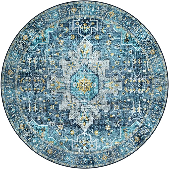Moynesa Ultra-Thin Washable 5ft Round Rug - Teal 5x5 Circle Rugs for Living Room, Vintage Dining Room Mat Stain Resistant Nursery Carpet for Bedroom Mudroom Kitchen Apartment Home Office