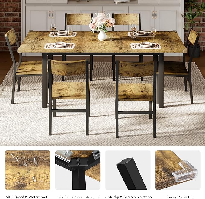 iPormis 7-Piece Dining Table & Chairs Set for 4-6, 63" Extendable Kitchen Table with 6 Chairs, Dining Room Table with MDF Board & Metal Frame, Perfect for Small Space,Easy Assembly, Rustic Brown