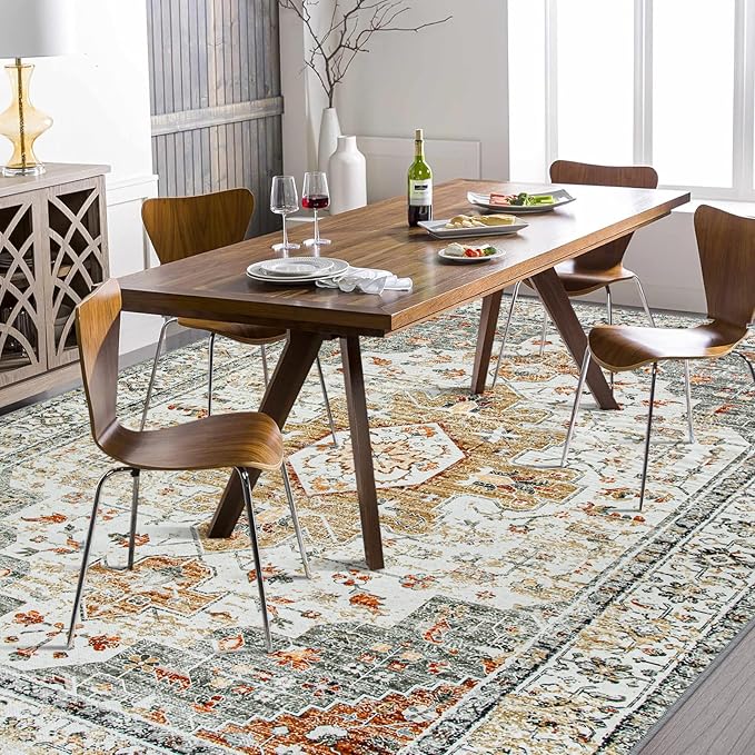 Moynesa Ultra-Thin Washable Area Rug 8x10, Large Living Room Rugs for Bedroom Under Dining Room Table, Vintage Oriental Medallion Printed Low Pile Carpet for Home Office Decor, Beige/Gold