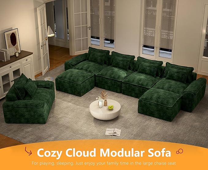 Hobestluk 152" Cloud Modular Sectional Couch 4-Seater Sofa with Ottomans U Shaped Couch Deep Seat Sofa with Removable Cover for Living Room (Green, 4-Seater Sofa with Two Ottomans)