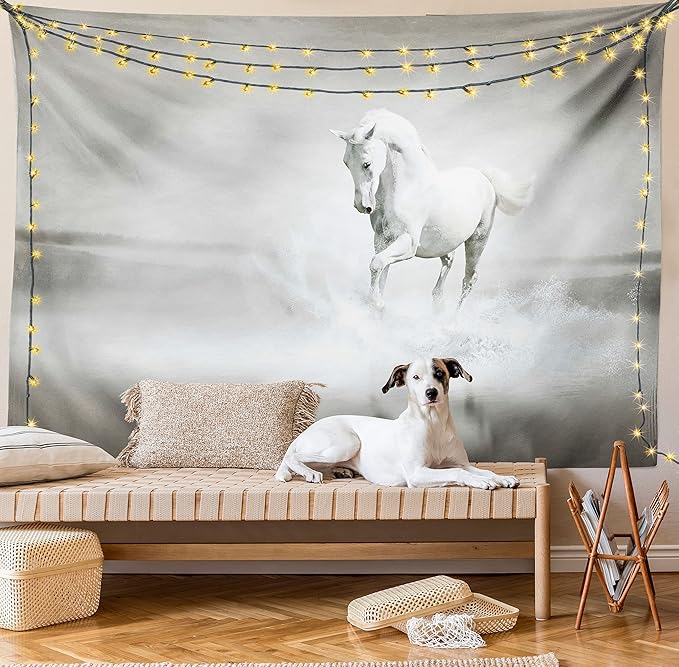 Ambesonne Horses Tapestry, Wild Horse Running Through Water Dramatic for the Motivation of Life Art, Fabric Wall Hanging Decor for Bedroom Living Room Dorm, 23" X 28", Black and White