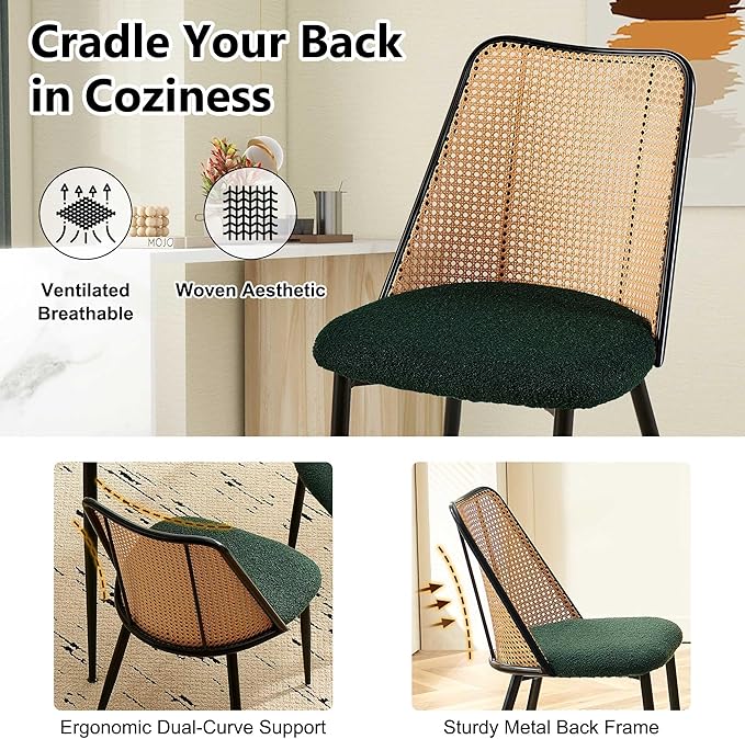 Rattan Chairs Green Set of 2, Woven Cane Dining Chairs Upholstered Boucle Stylish Cozy Kitchen Accent Chairs Armless