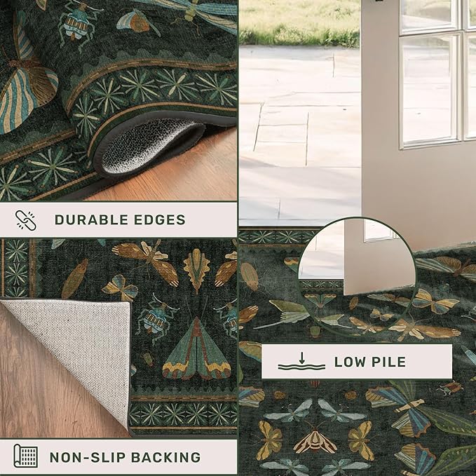 3x4 Unique Entryway Rug - Throw Rug for Large Kitchen, Entry Way, Mudroom, Dark Green and Black Insect Print, Washable Low Pile Floor Carpet